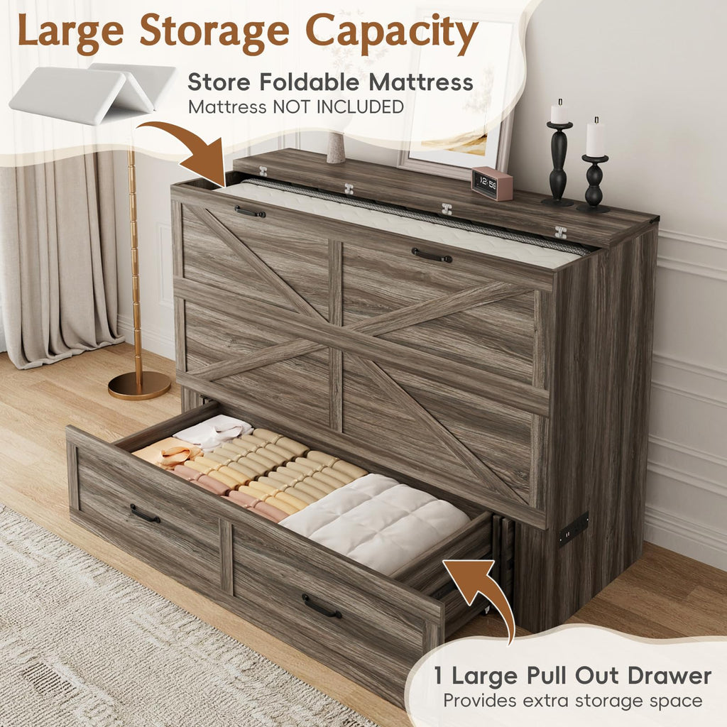 Queen Size Farmhouse Murphy Bed with Drawer&Charging Station, Grey