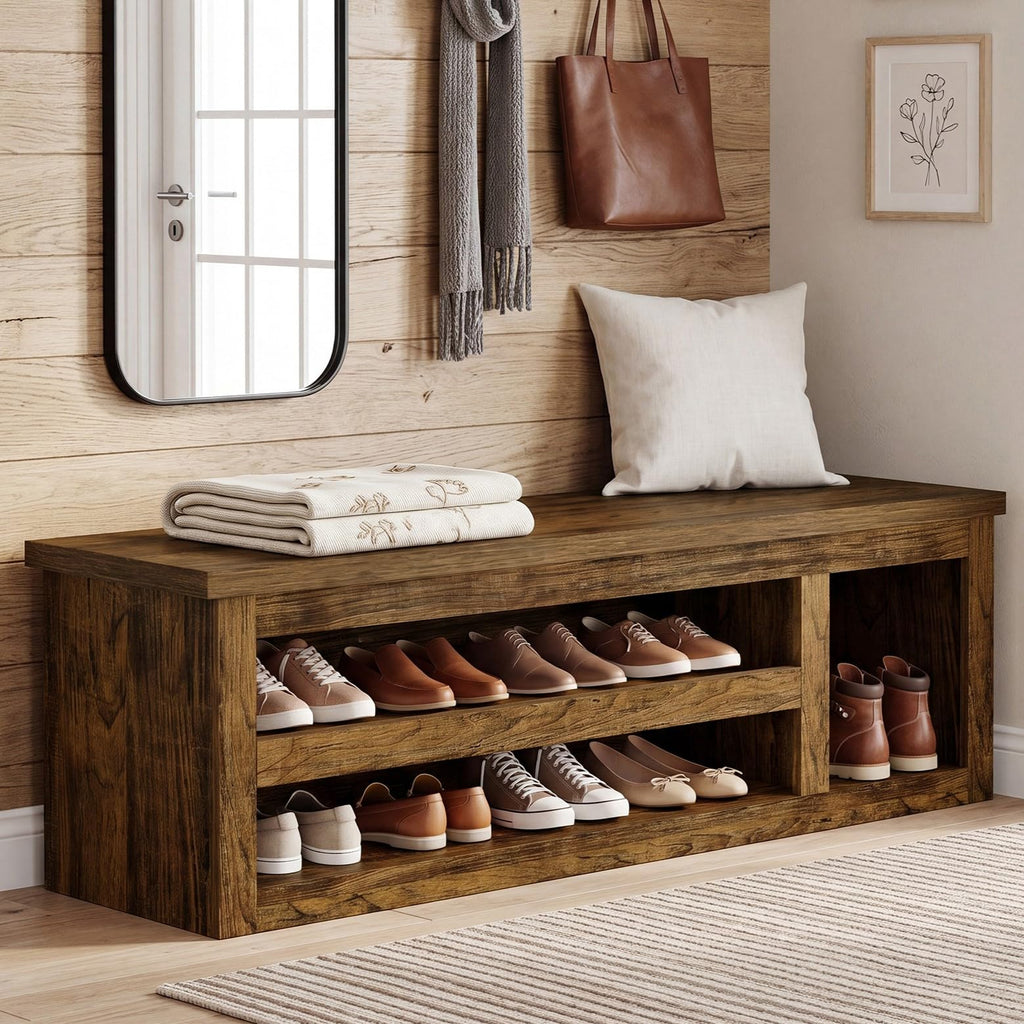 63" Entryway Bench, Farmhouse Shoe Storage Bench with Shelves