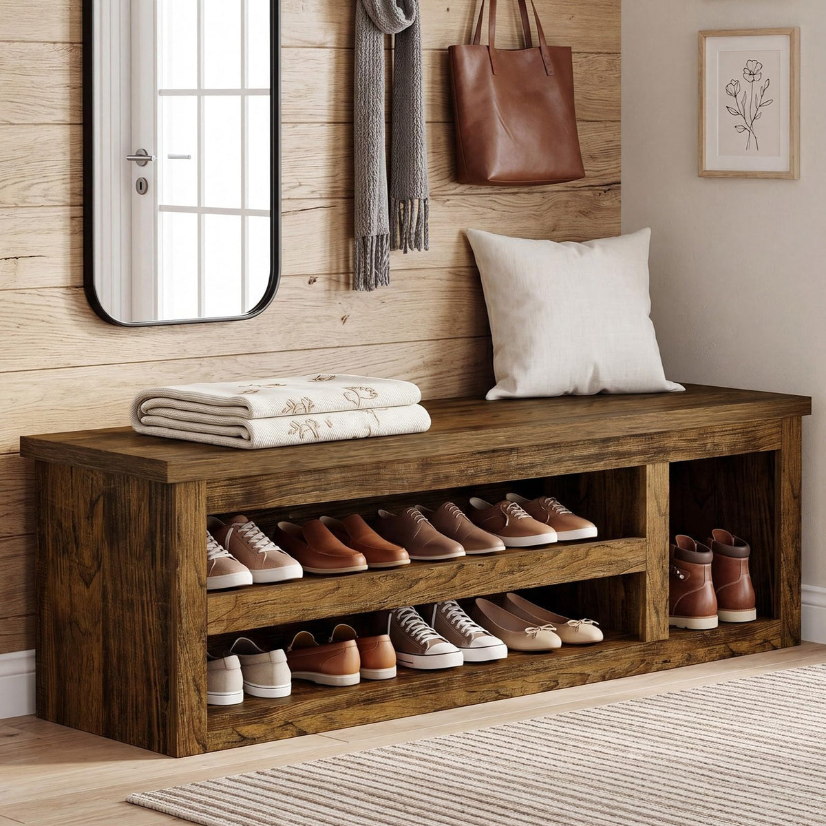 63" Entryway Bench, Farmhouse Shoe Storage Bench with Shelves