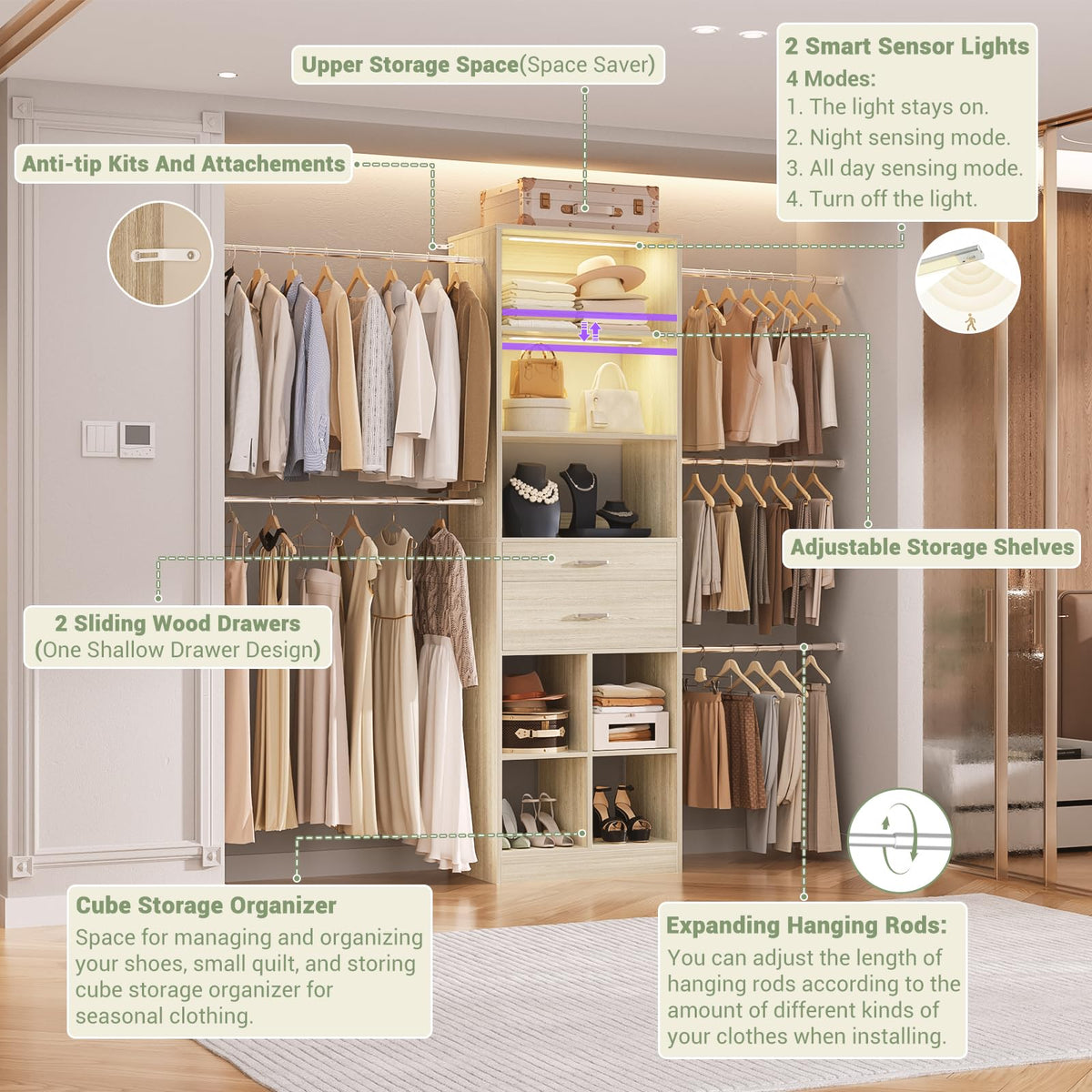 Closet System, Built in, Not Free Standing, Enclosed Storage Volume: 2.58 ft3, Greige Oak
