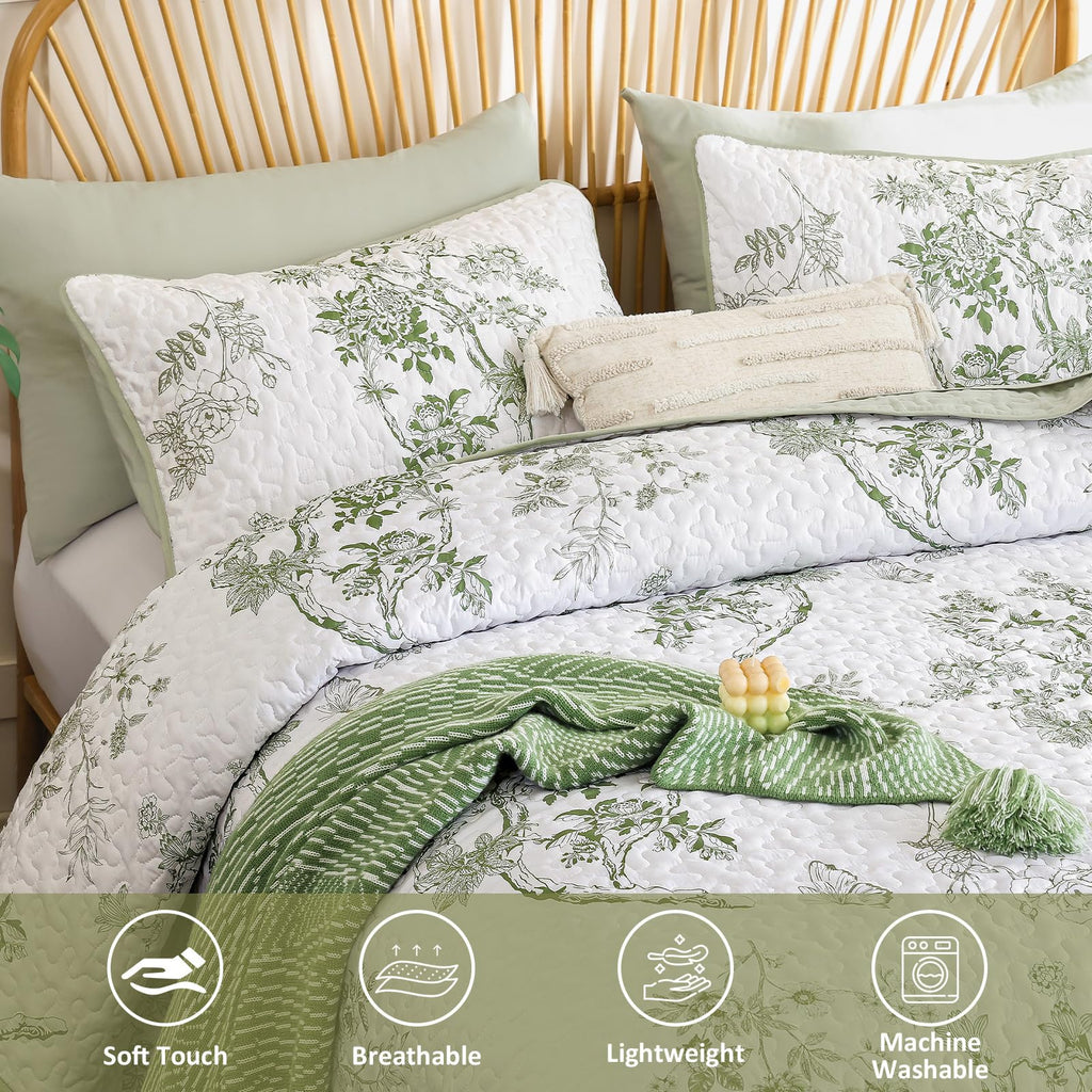 Floral Quilt Set, 3 Pcs Sage Green Bedspreads Coverlets
