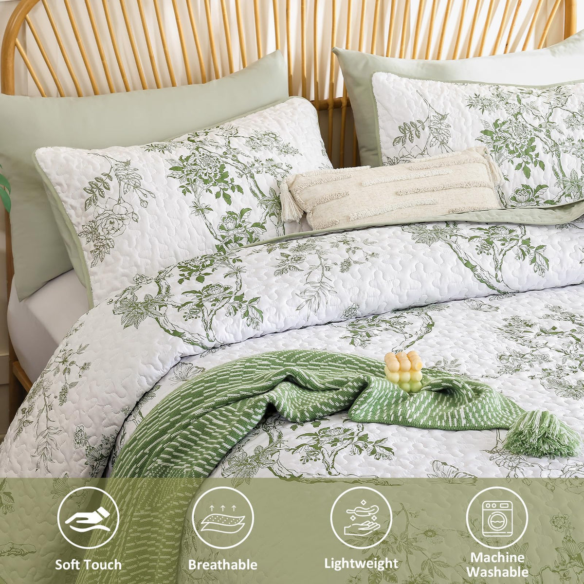 Floral Quilt Set, 3 Pcs Sage Green Bedspreads Coverlets