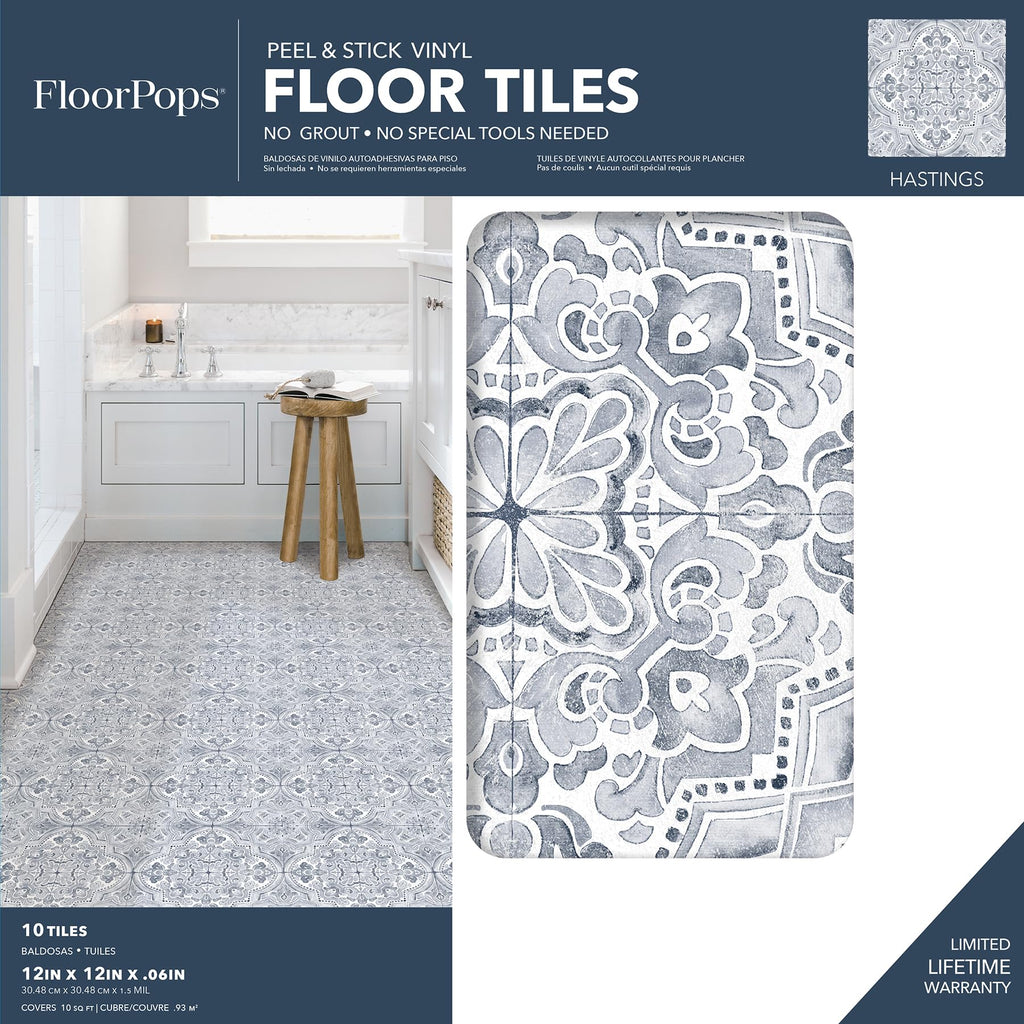 Hastings Peel and Stick Floor Tiles, Blue, Medallion Vinyl Floor Tiles, Water Resistant, 12 in x 12 in, Pack of 10