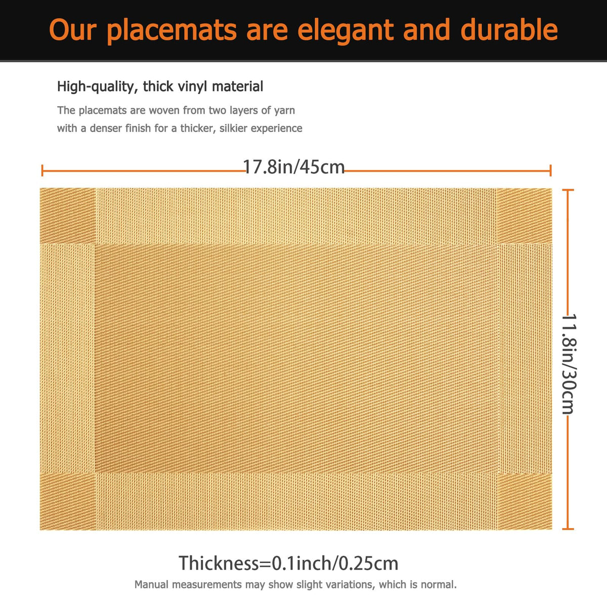 Gold Vinyl Placemats Set of 6, Heat Resistant Table Placemats