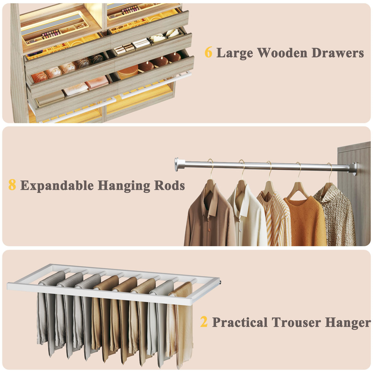 Closet System Set of 2, 5.7-10.4FT Closet Organizer System with 6 Drawers