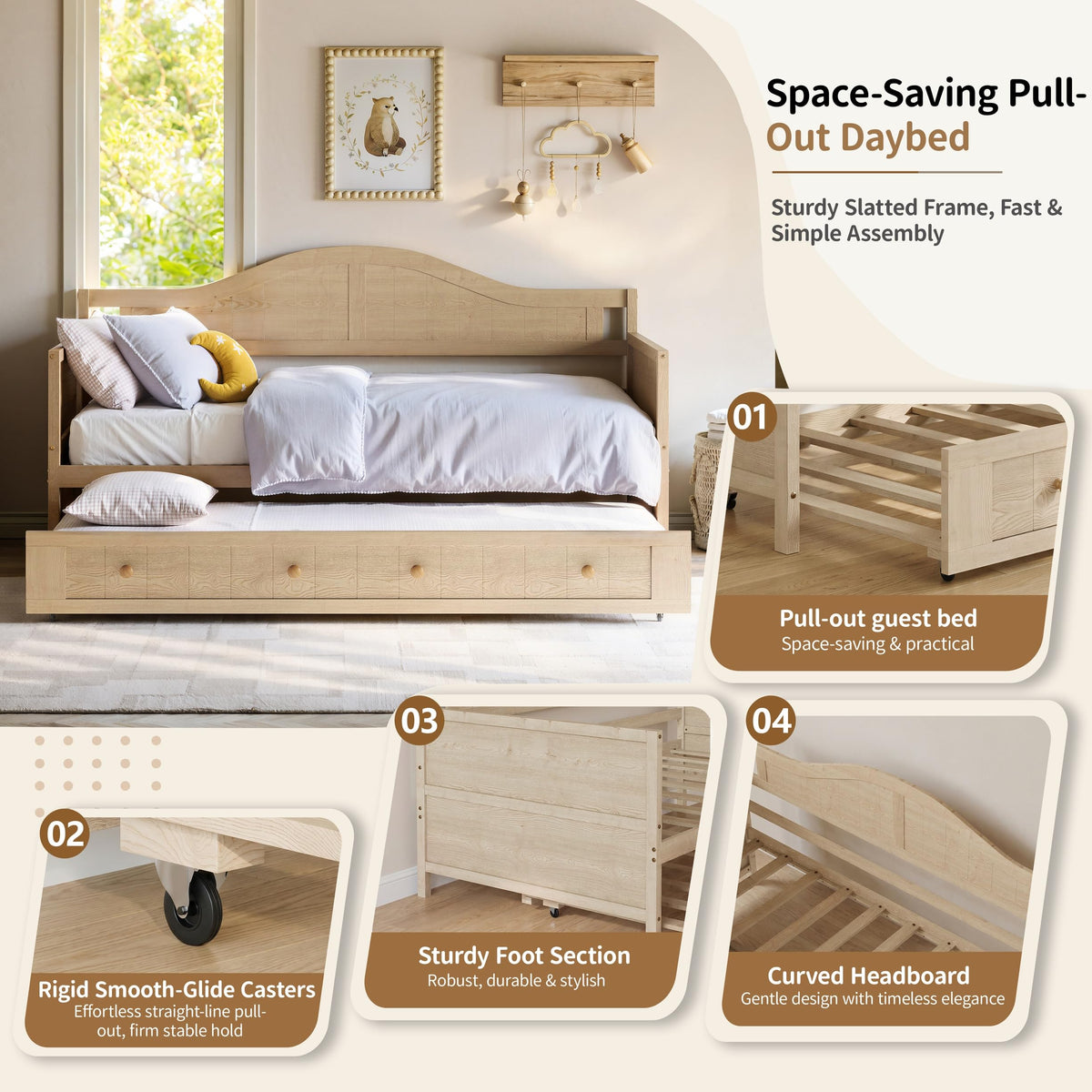 Twin Size Wooden Daybed with Trundle, Natural Wood