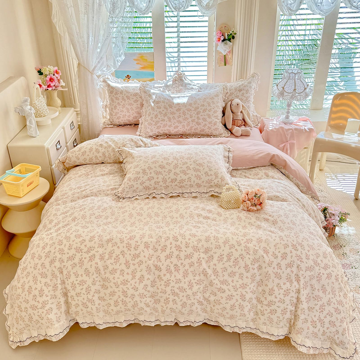 Boho Pink Floral Duvet Cover Twin Size, 100% Cotton Soft Coquette Ruffle Botanical Bedding Duvet Cover Set, Vintage