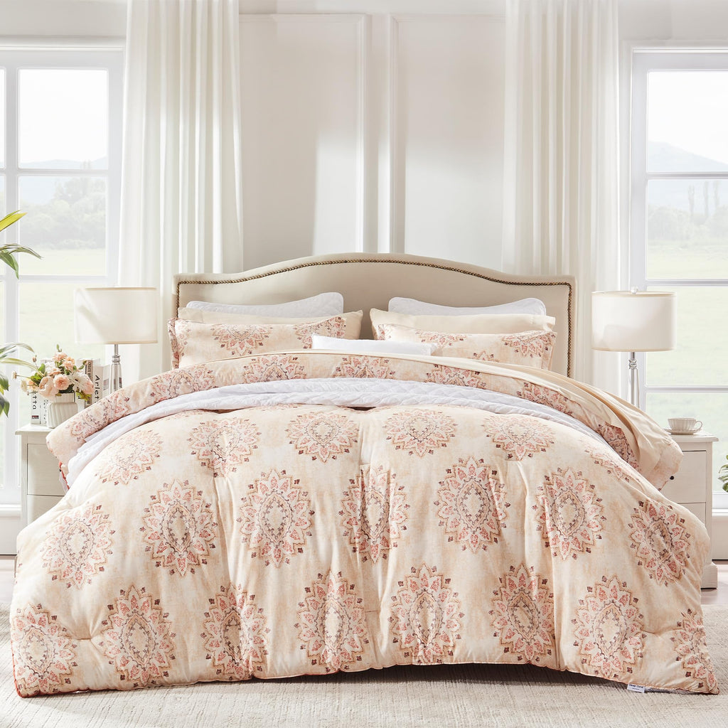 7 Pieces Bed in a Bag Comforter Sets Full, Damask Pattern Beige Fluffy Breathable BIAB with 4 Corner Tabs