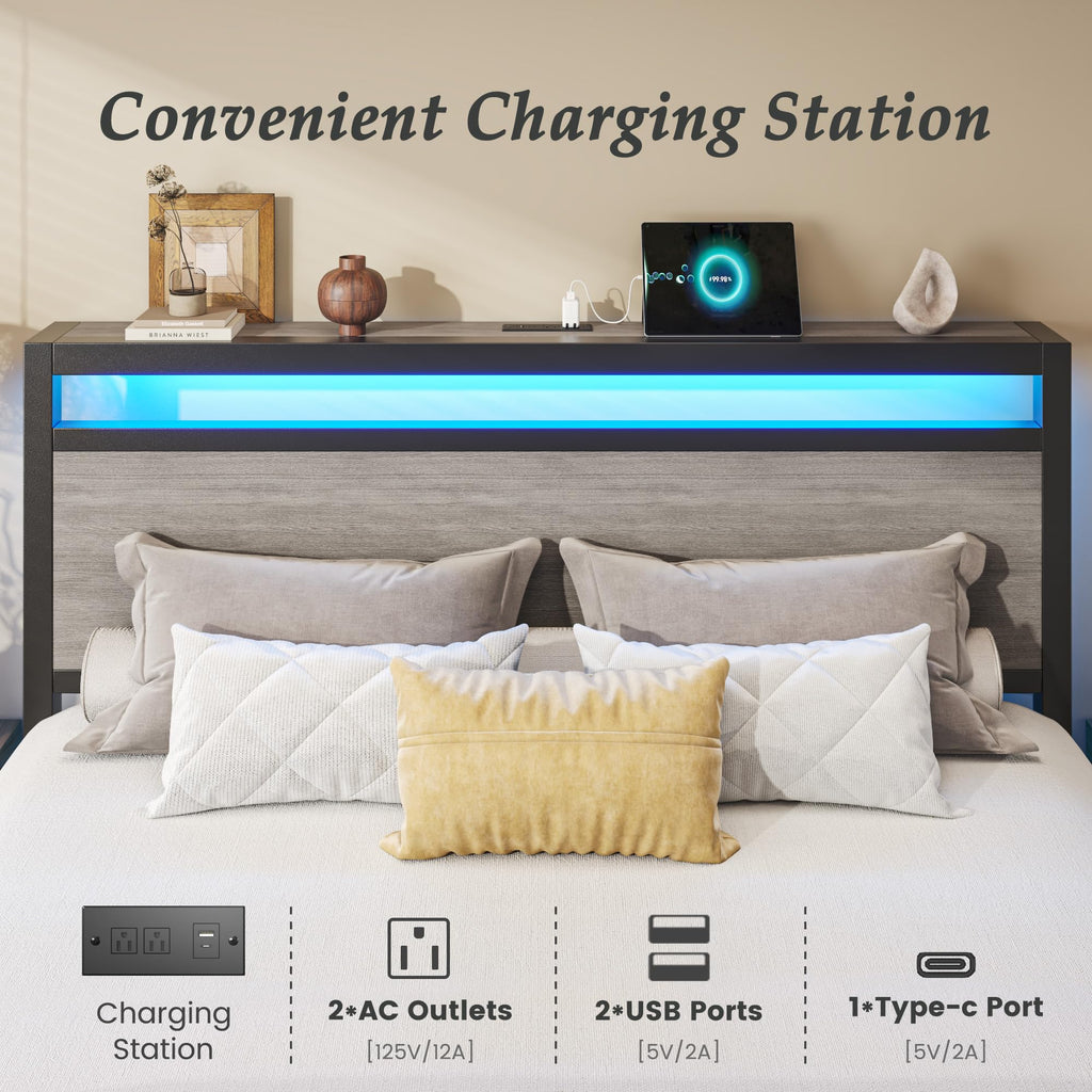 Bed Frame with Storage, Wood Headboard with Fast Charging Station, LED Lights, Platform Bed Frame