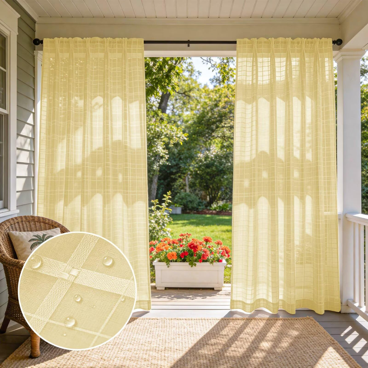 4 Panels Outdoor Sheer Curtains, Jacquard Check Curtains Waterproof, Indoor Outdoor Drapes for Gazebo Pergola