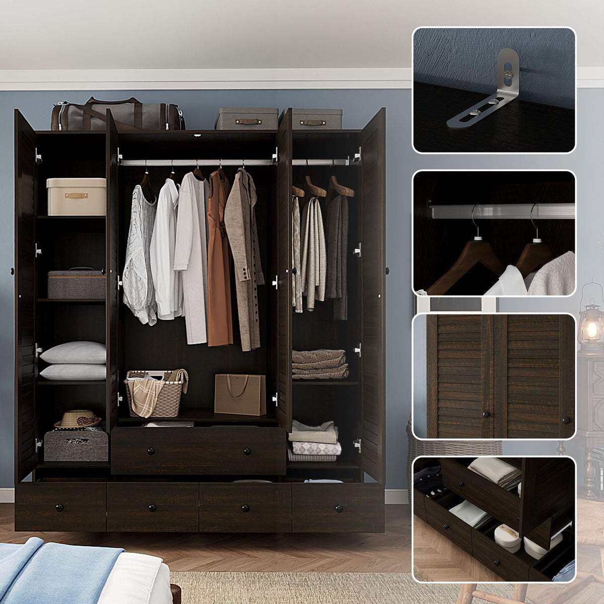 Almirah for Clothes, Tall Brown Bedroom Storage Wardrobe Closet Cabinet with Louvered Doors and Shelves, Large Wide