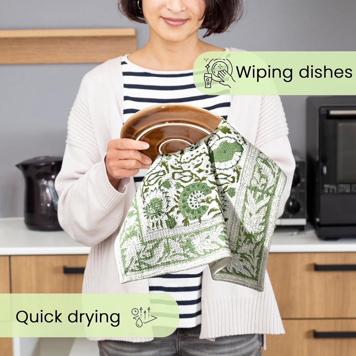 Agate Green Hand Block Print Waffle Kitchen Towel Set of 3-16 x 28 Inch Ultra Absorbent Quick Dry Cotton Dish