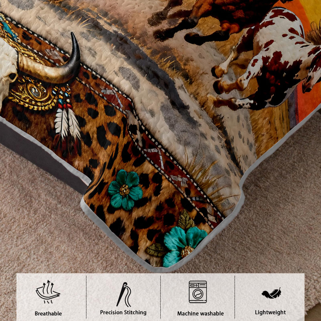 Western Horse Quilted Bedding Set, 3-Piece Running Horses Sunset Theme Bedspread Boho Coverlet, with 2