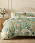 Reversible Floral Duvet Cover, 100% Cotton with Flowers and Birds