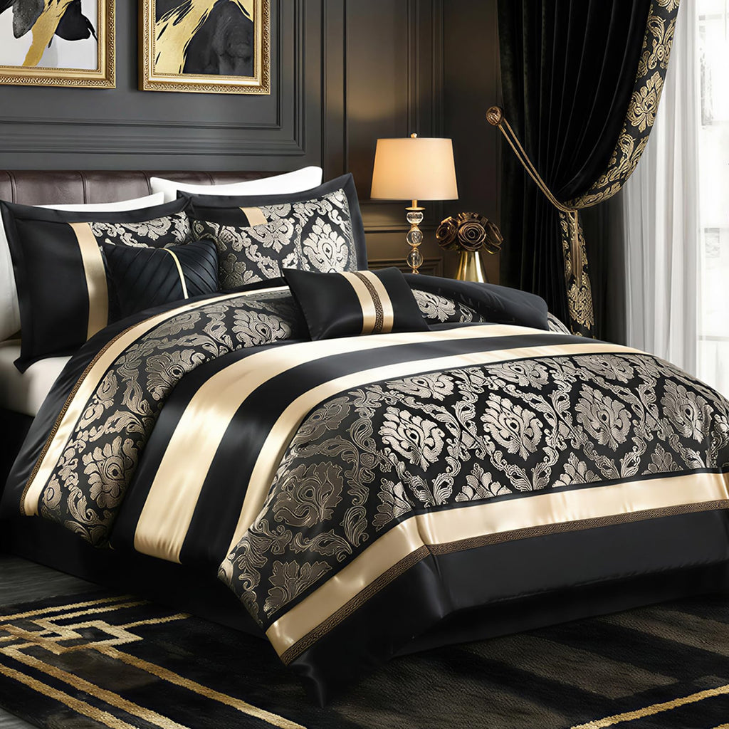 Black Gold Comforter Set, 7 Piece Luxury Damask Bed in a Bag