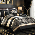 Black Gold Comforter Set, 7 Piece Luxury Damask Bed in a Bag