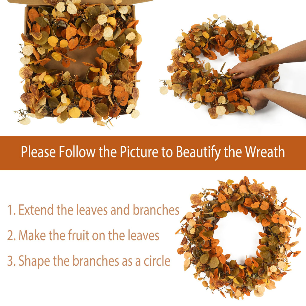 Eucalyptus Fall Wreaths for Front Door 22", Handmade Fall Leaves Wreath for Autumn, Floral Farmhouse Wreath for Wall
