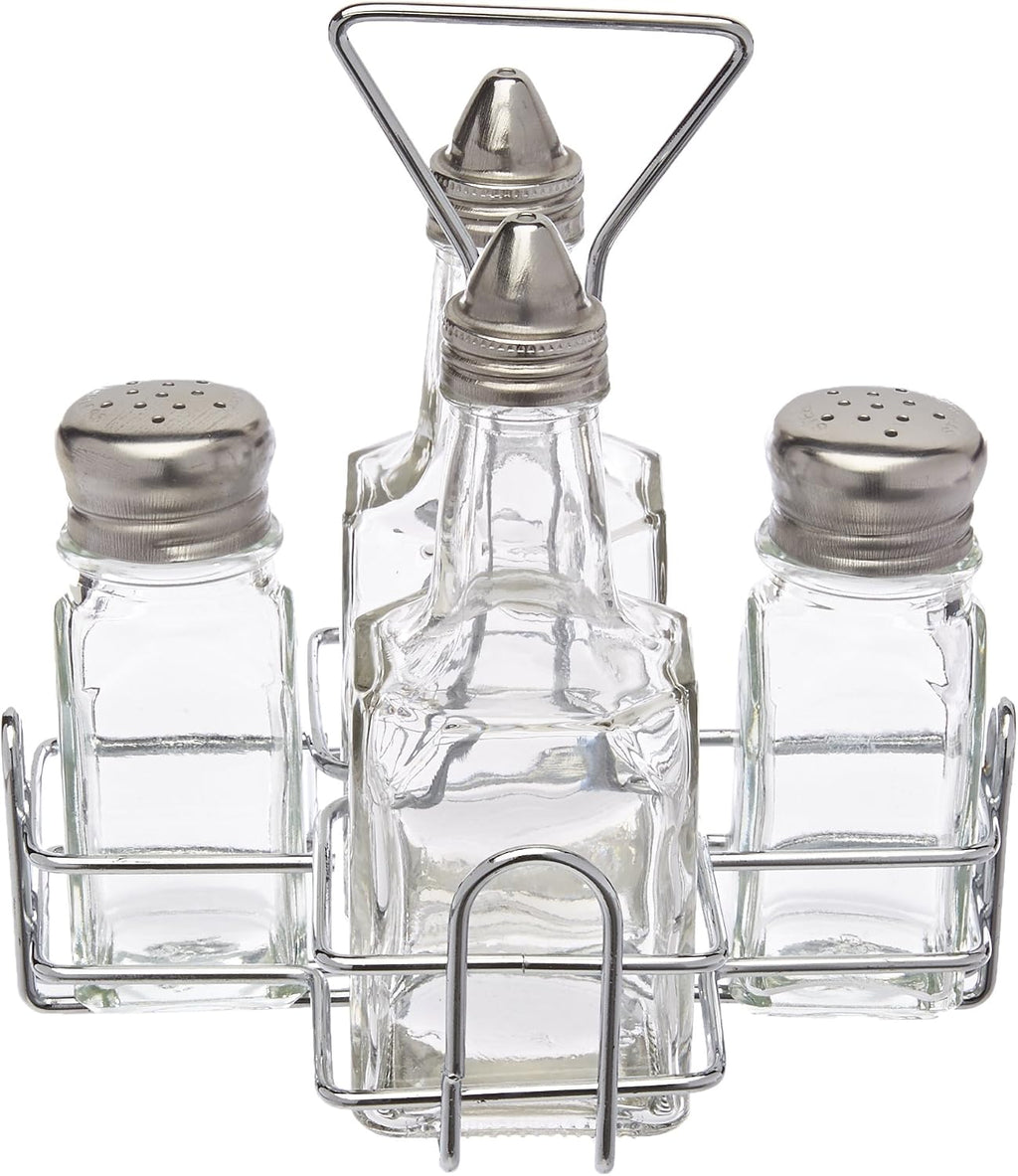 Glass Salt and Pepper Shaker Set with Holder and Oil and Vinegar Cruets, Stainless Steel Gold Plated Top - Set of 4