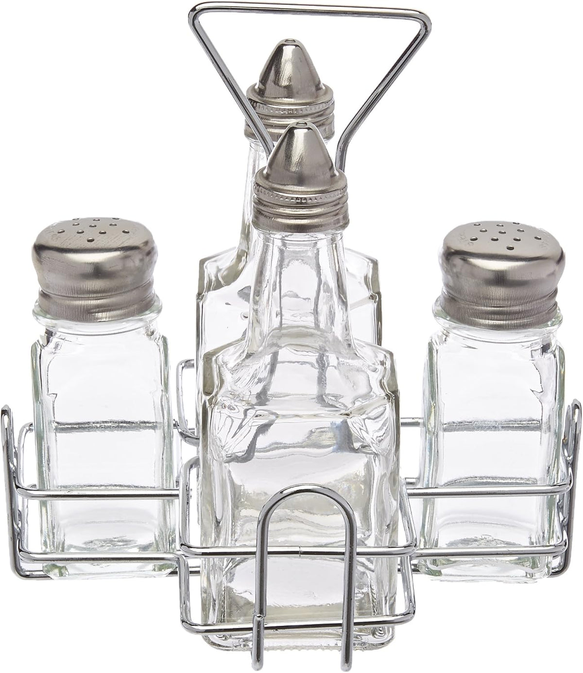 Glass Salt and Pepper Shaker Set with Holder and Oil and Vinegar Cruets, Stainless Steel Gold Plated Top - Set of 4