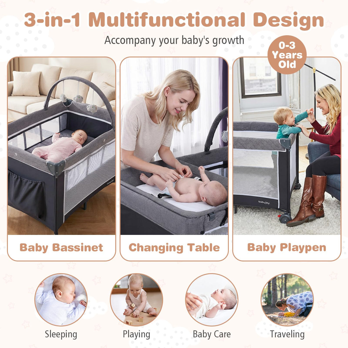 3 in 1 Play Yard, Travel Crib Bassinet Bed for Baby, Changing Table w/Safety Belt, Hanging Bar, Lockable