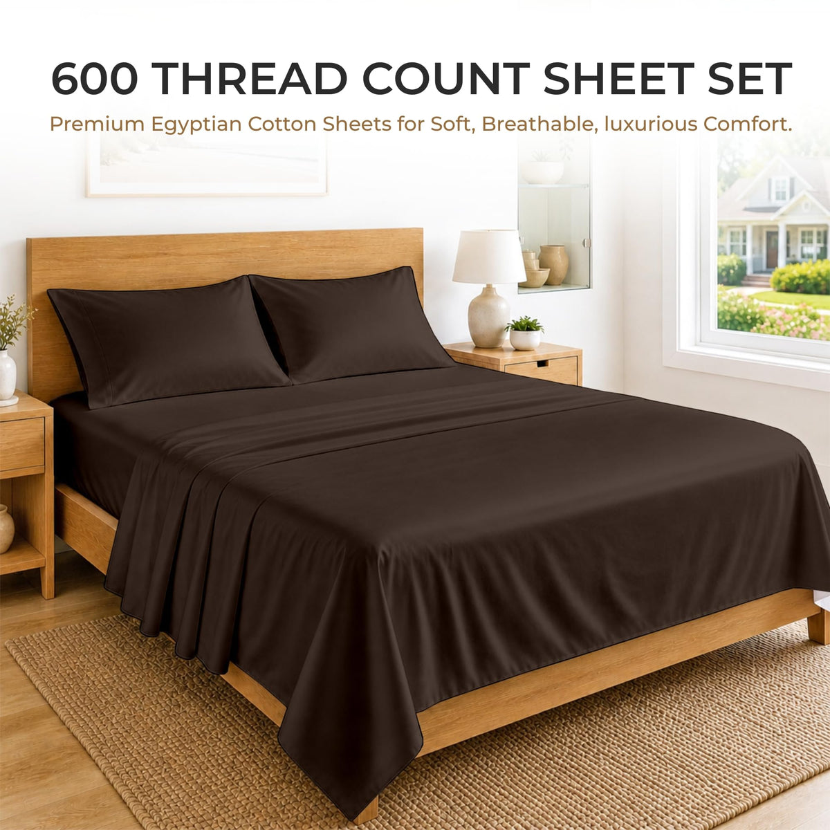 100% Egyptian Cotton Sheets Queen Size - 600 Thread Count Sheets Set, Soft, Cooling, 15" Deep Pocket, Luxury Hotel