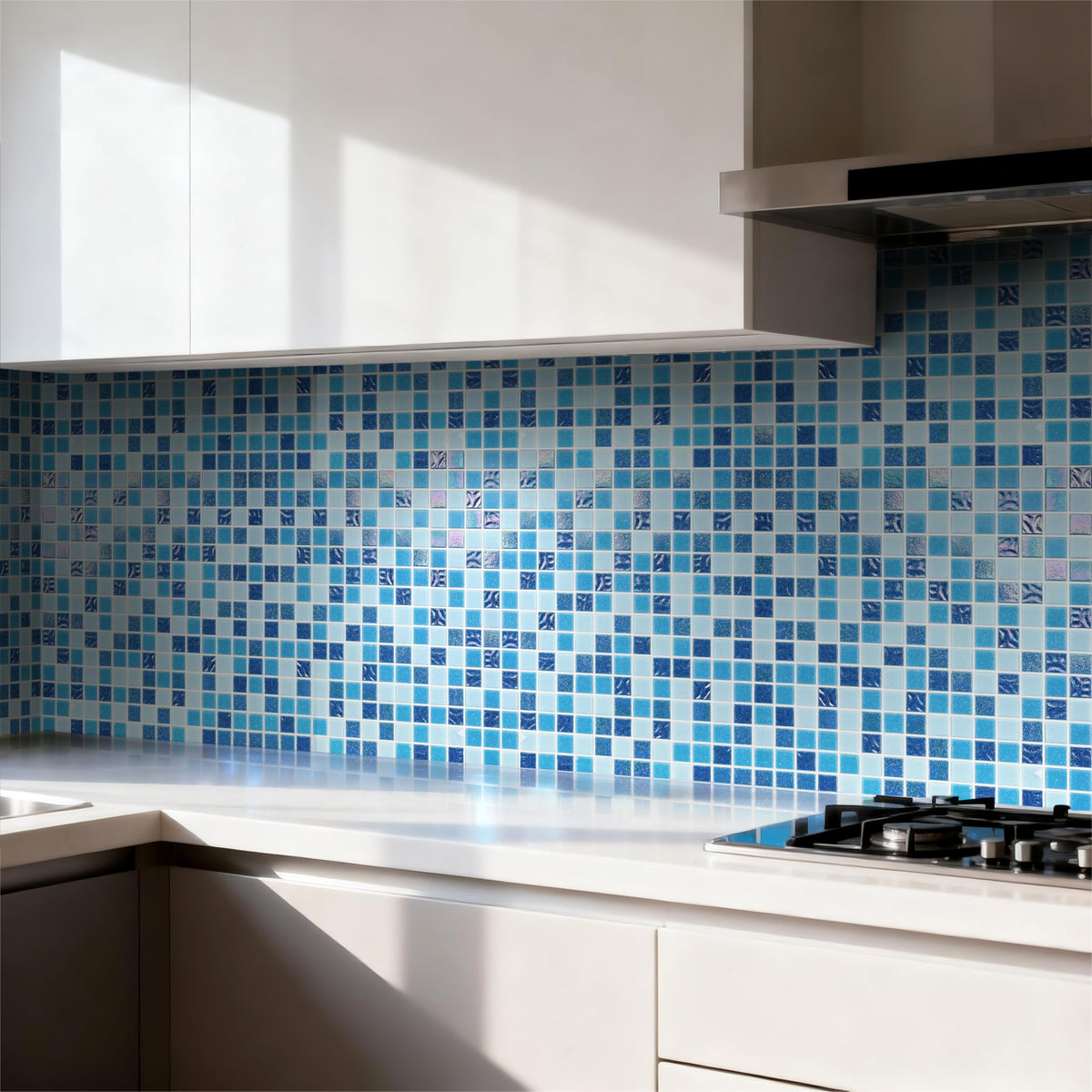 Blue Lagoon Blend Glass Mosaic Tile Sheet 12"x12" (305x305mm), 20x20mm Square Iridescent Swimming Pool Tile, Bathroom
