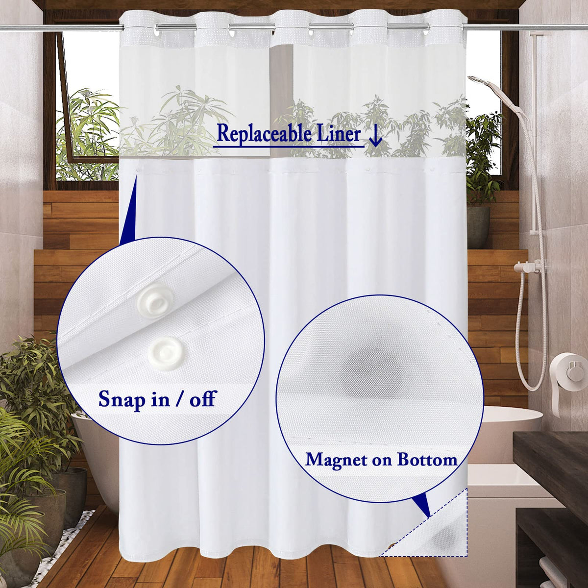 No Hook Waffle Weave Shower Curtain with Snap-in Fabric Liner Set Style with Mesh Top Window, Waterproof & Washable