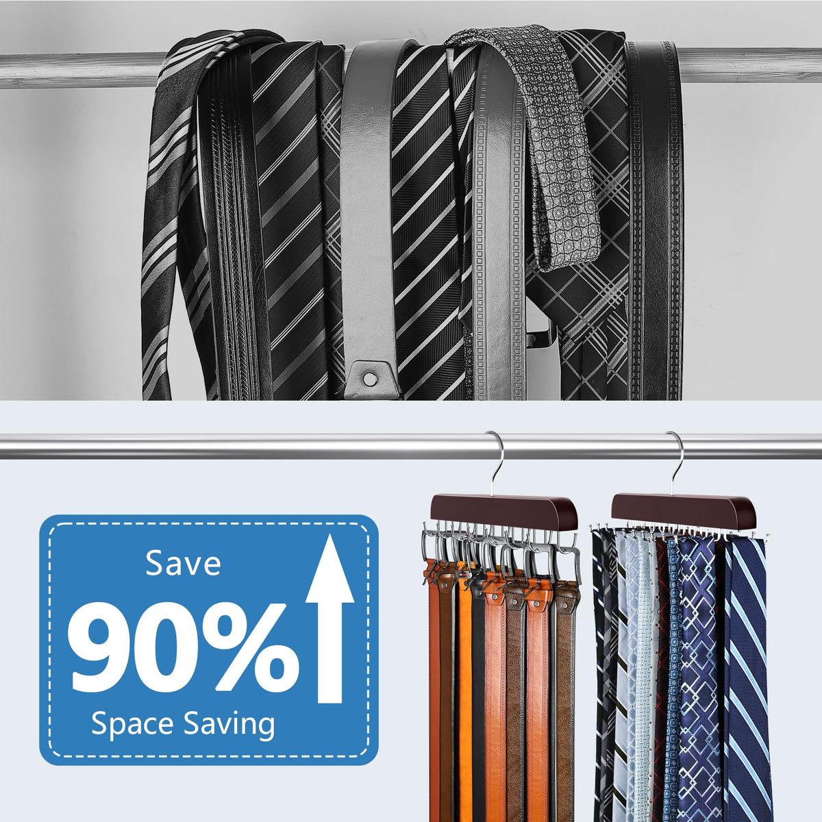 2 in 1 Tie and Belt Organizer, Premium Tie Hanger for Closet Accessories