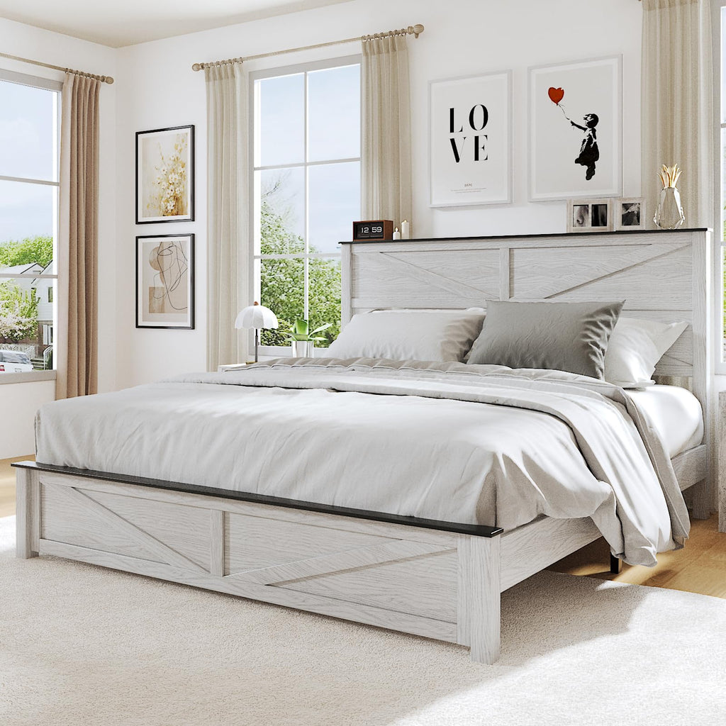 Farmhouse Wood Bed with Geometric Headboard White