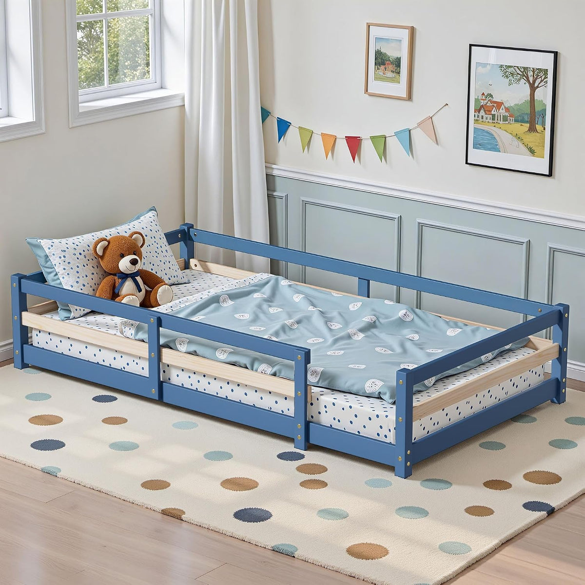 Montessori Bed, Solid Wood Floor Bed Frame with Safety High Fence, Montessori Floor Bed with Rails for Boys