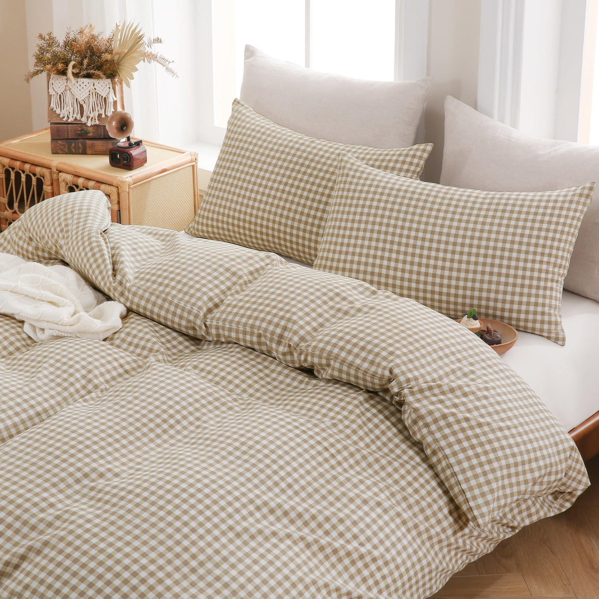 Brown Gingham Duvet Cover Bedding Set Prewashed Extra Soft