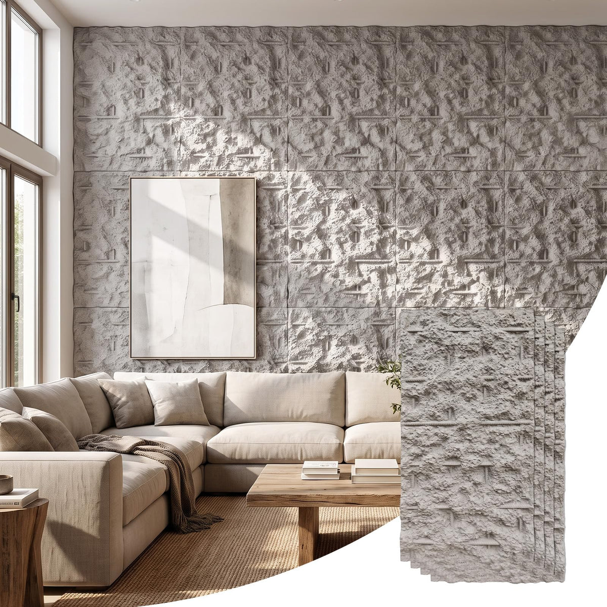 3D Faux Stone Wall Panels, 4 PCS PU Wainscoting Panel - Frosted Stone Design for Interior Wall Decor, Home & Office
