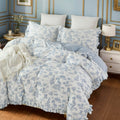 French Country Toile Queen Duvet Cover Set for Girl Women Bedroom Vintage Blue Toile Floral Print 100% Cotton Duvet