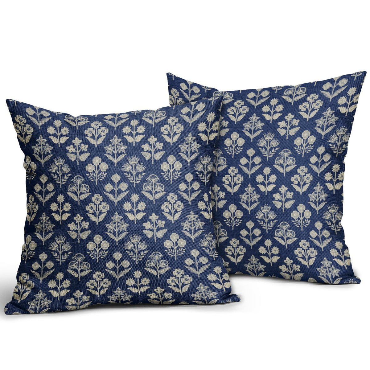 Dark Blue Floral Pillow Covers 22x22 Inch Set of 2, Vintage Flower Block Print Pattern Decorative Throw Pillowcases
