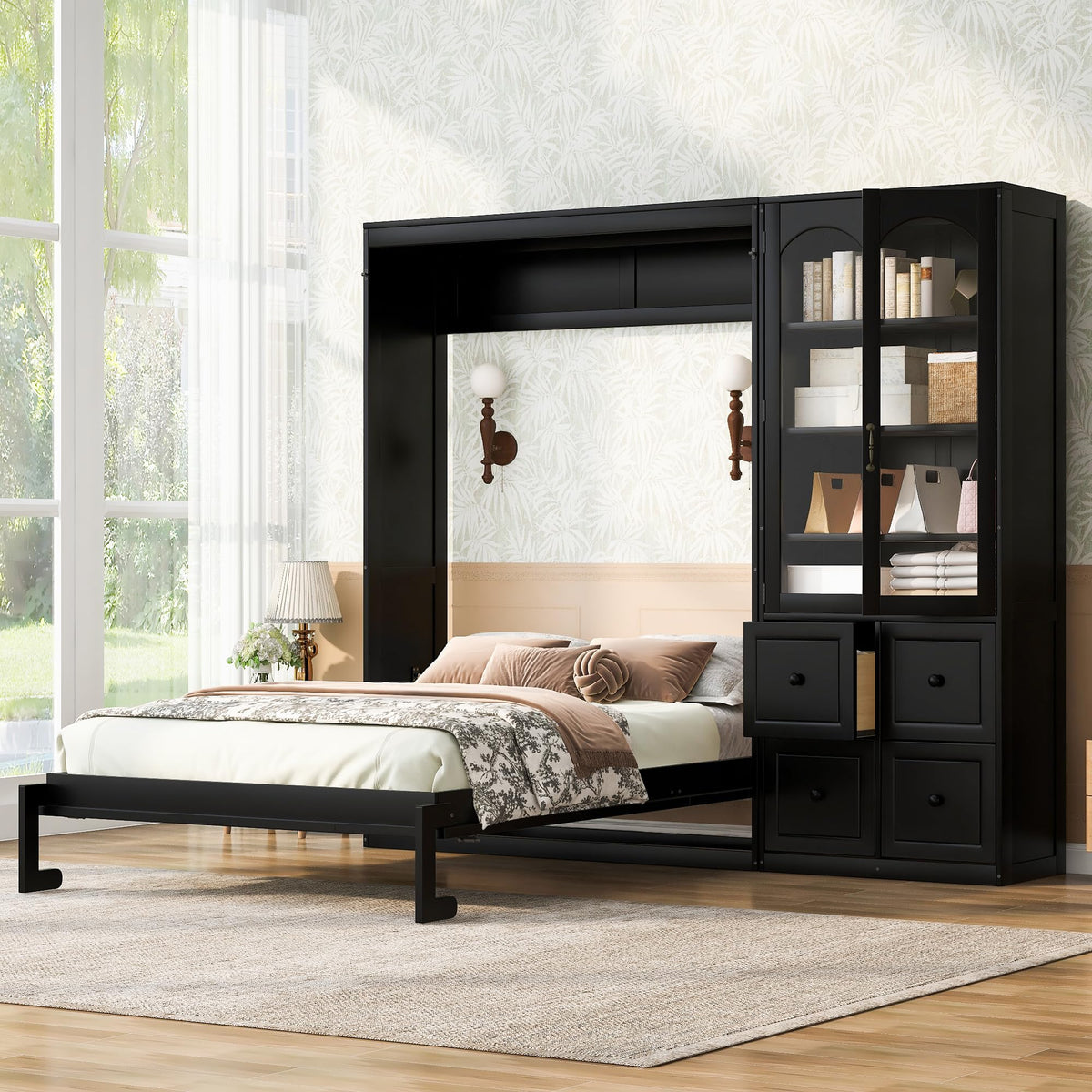 Queen Murphy Bed with Storage Drawers and Cabinet, Solid Wood Foldable Hidden Vertical Murphy Wall Bed with Storage
