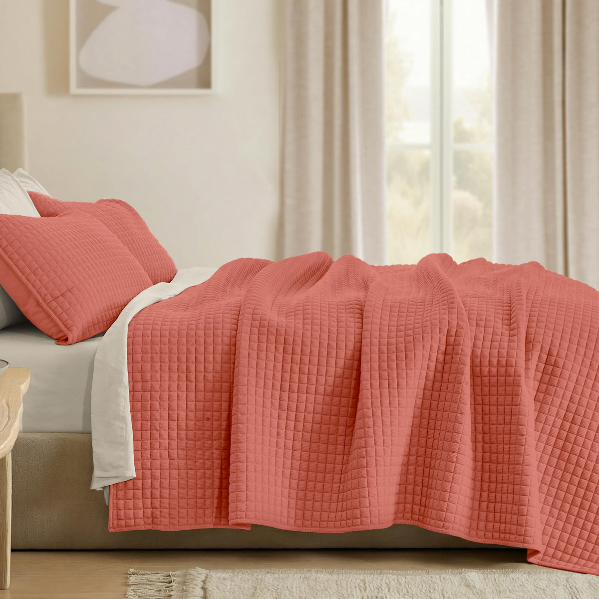 2 Piece Waffle Weave Quilt Set, Coral Lightweight Bedspread Coverlet for All Season, Ultra Soft Microfiber