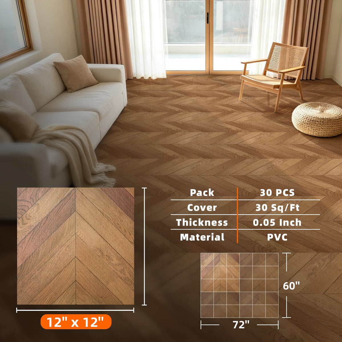 30-Pack Peel and Stick Floor Tiles (30 Sq.Ft), Herringbone Brown