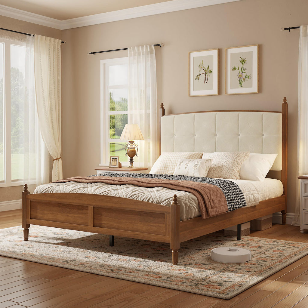 Bed Frame with Solid Wood Vintage Style Upholstered Headboard Walnut