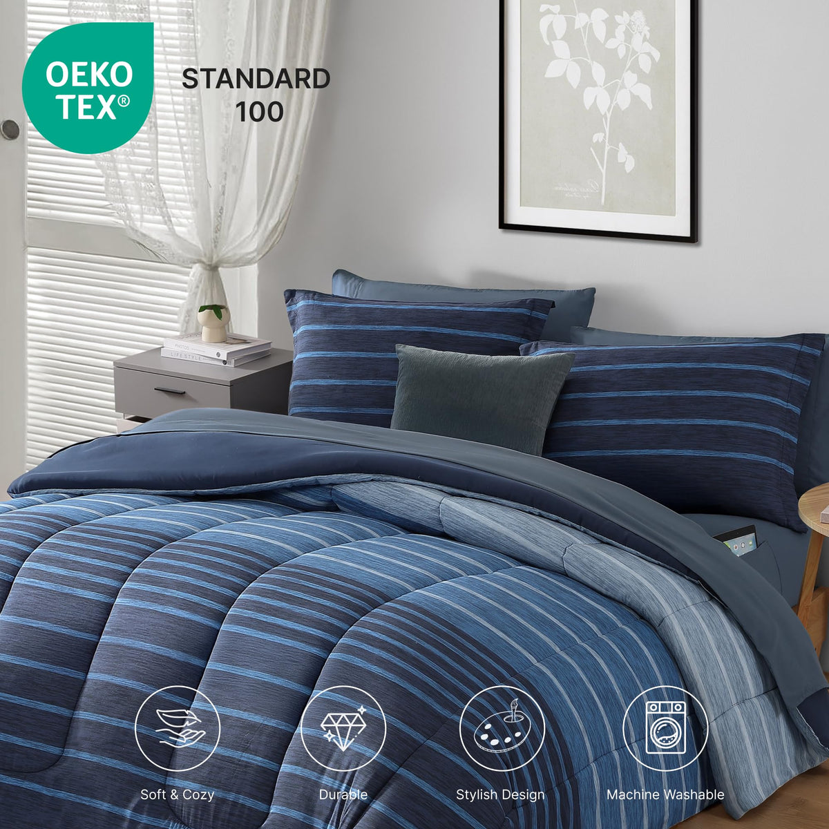 Comforter Set - 7 Pieces Bed in a Bag, Navy Blue-Stripe Bedding Sets, All Seasons Comforter Bed Set