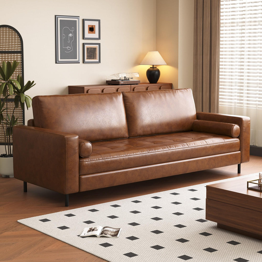 80.3" Mid-Century Modern Faux Leather 3-Seater Sofa Couch, Brown