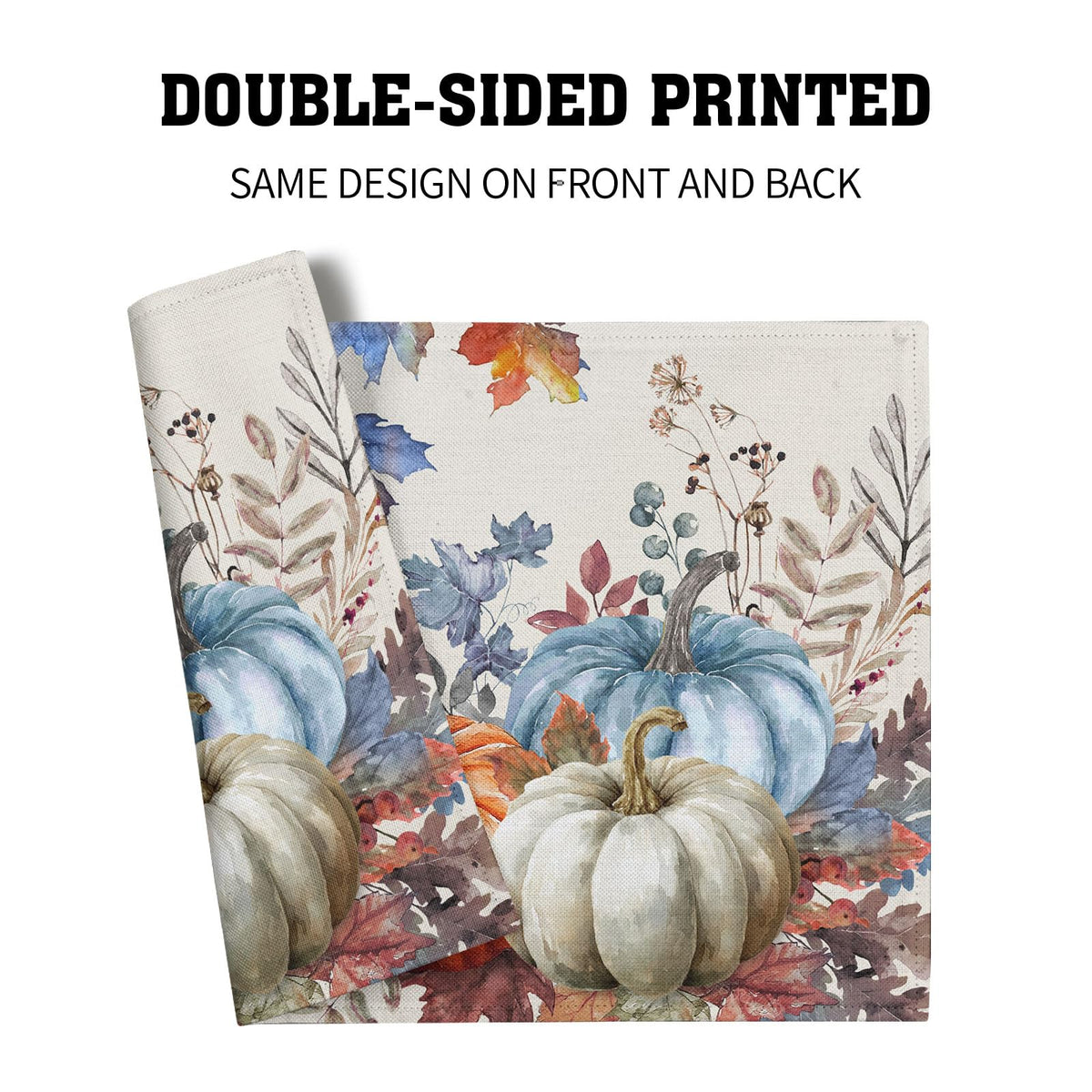 Fall Placemats Set of 4, 12 x 18 Inch Blue and Orange Pumpkin Fall Maple Leaves Washable Heat Resistant Rectangle