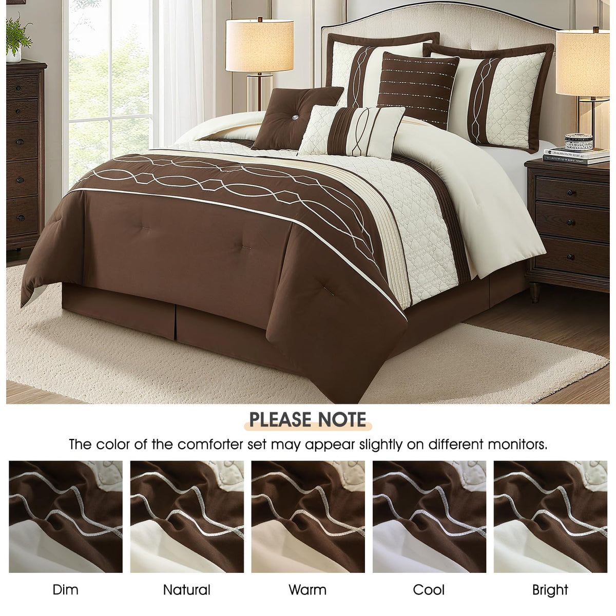 7 Piece Comforter Set, Brown Geometric Clip Design, 100% Polyester, Luxury All Seasons Bed Set Includes
