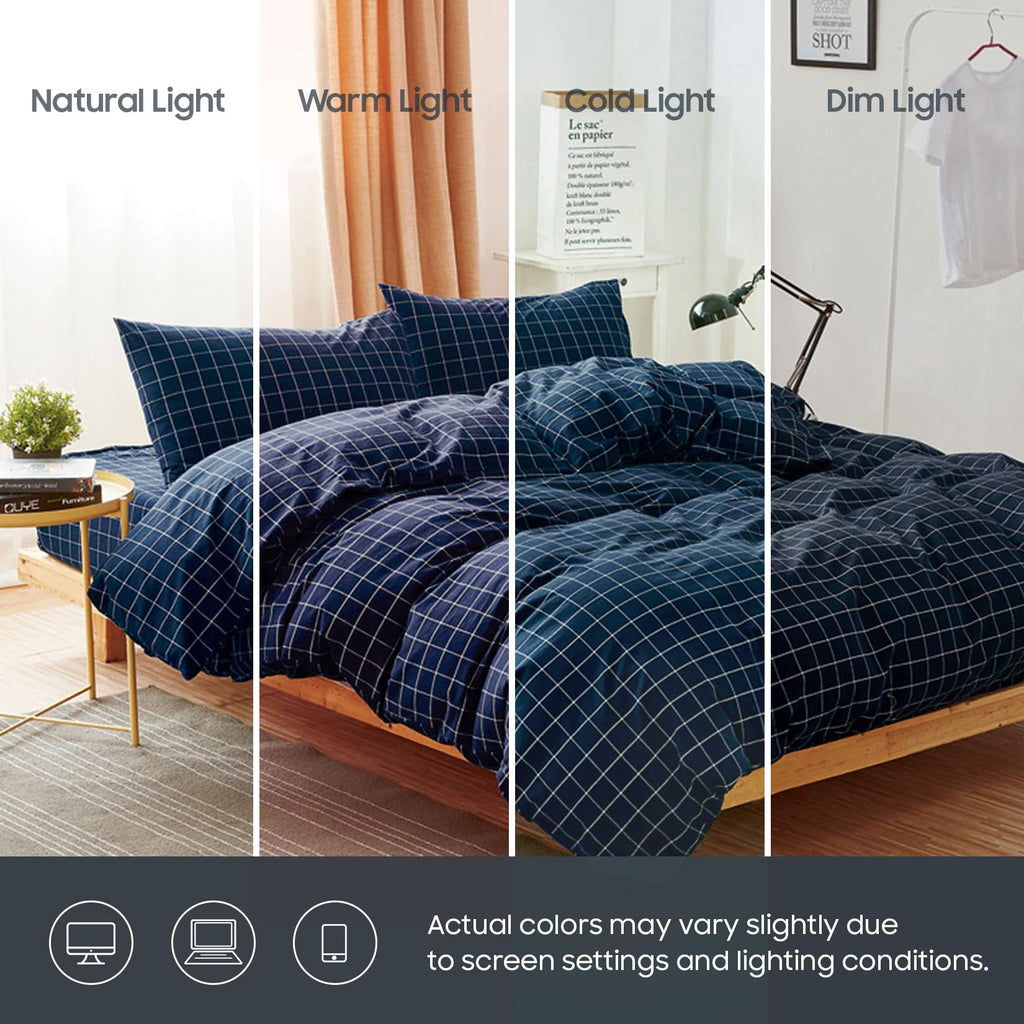 Grid Cotton Duvet Cover Set, Plaid Checkered Geometric Farmhouse, 100% Washed Cotton Textured Bedding Set, 3 Pieces