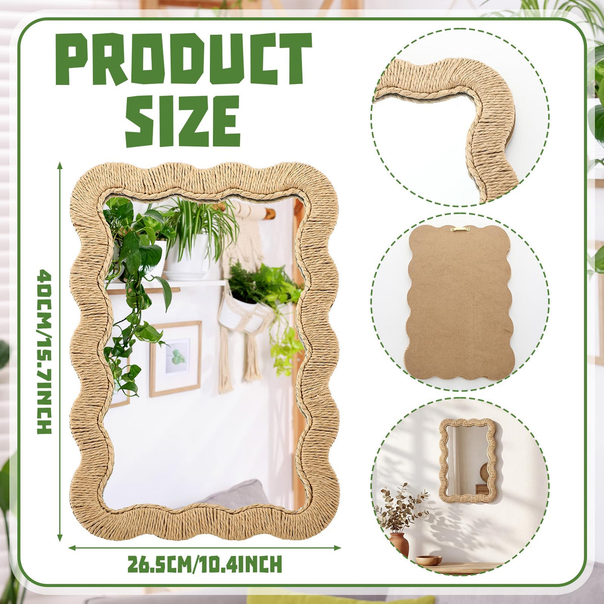 Boho Rattan Mirror, Rectangle, 10.4 x 15.8 in