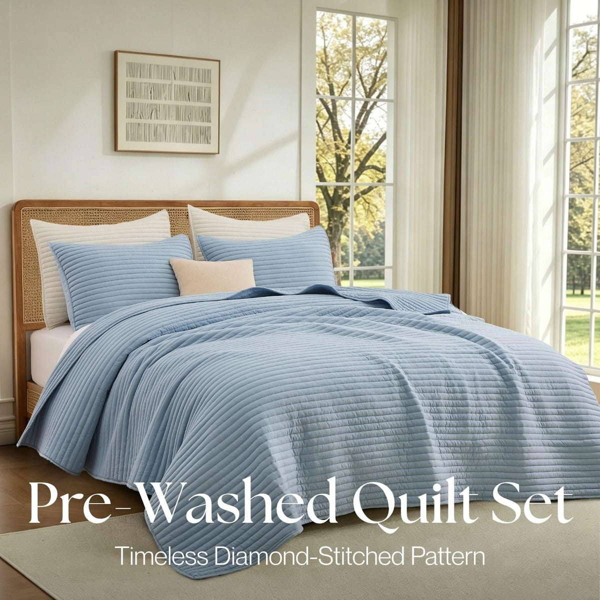 Lightweight Microfiber Quilt Set - Pre-Washed Bedding with Stripe Stitching, All-Season Soft Thin Comforter
