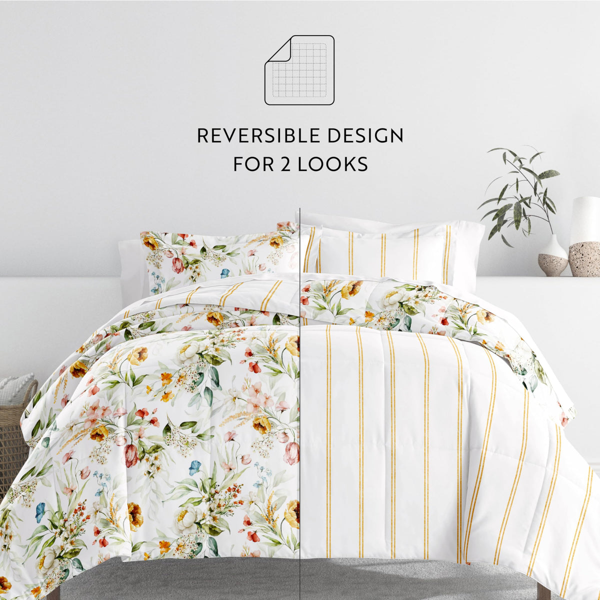 Comforter Set Patterned Microfiber All Season Down-Alternative Ultra Soft Bedding in Chintz Floral Stripe