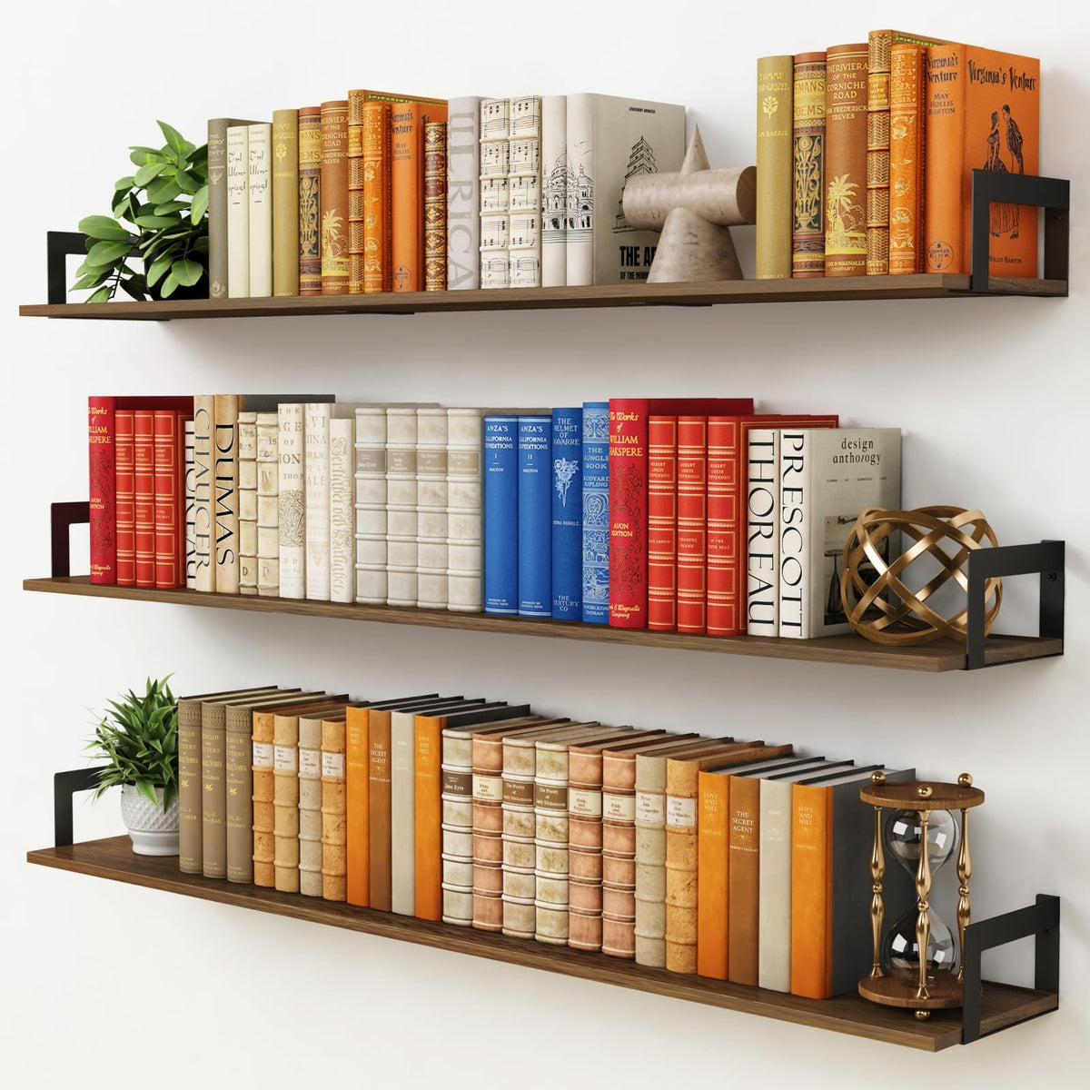 Large Floating Shelves for Wall 48 Inches Long Set of 3, Rustic Wood Wall Bookshelf Bedroom Books, Heavy Duty Hanging