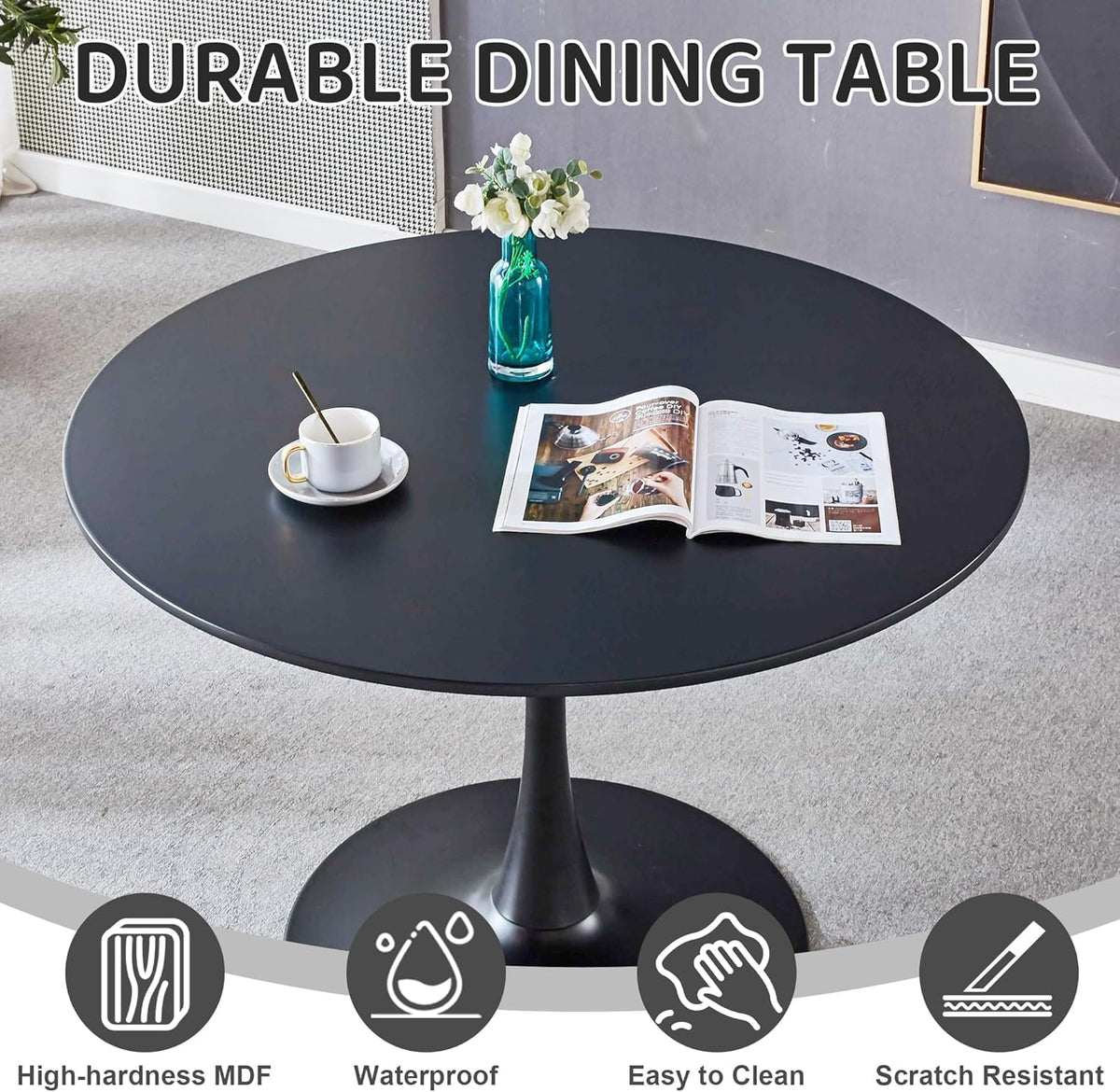 Inspired Saarinen Style Black Round Dining Table, 42 Inch Tulip Dining Table with Thickened Tabletop & Sturdy Metal Pedestal, Mid-Century