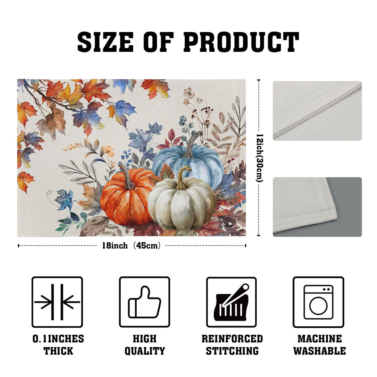 Fall Placemats Set of 4, 12 x 18 Inch Blue and Orange Pumpkin Fall Maple Leaves Washable Heat Resistant Rectangle