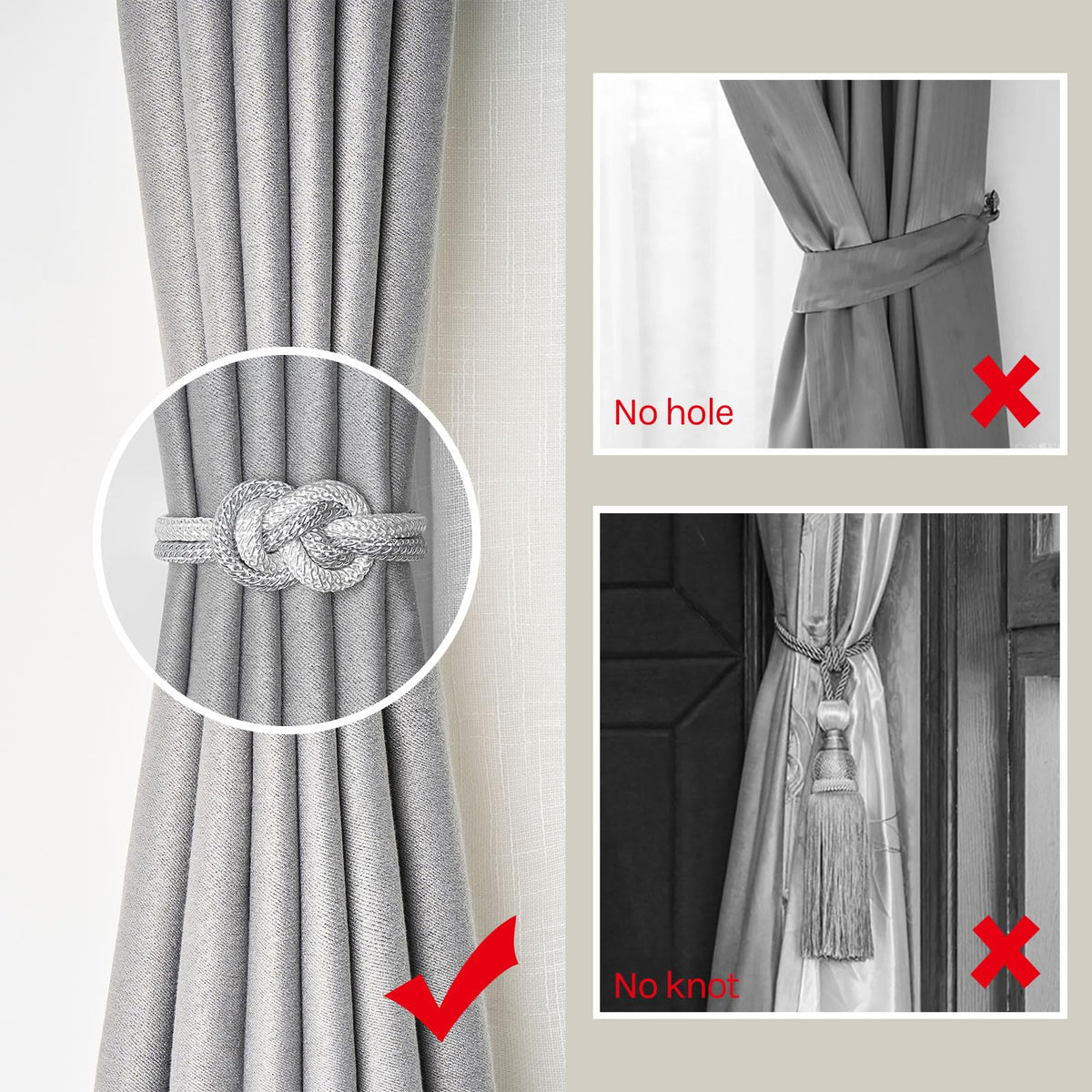 Mini Magnetic Curtain Tiebacks Nordic Simple Style Drape Tie Backs Elegant Hand Weave Rope Knot Decorative - 4 Pack